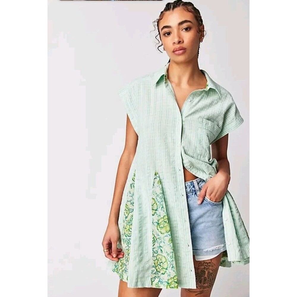 Free People Delilah Mini Dress Small Women Casual Strip Floral Short Green Tunic